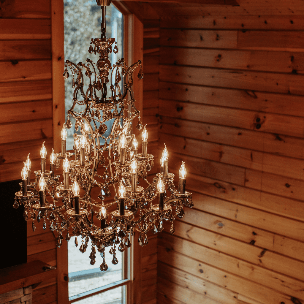 Crystal ceiling light fixture with wooden beams in bride’s suite at Grahams Estate Gallatin TN