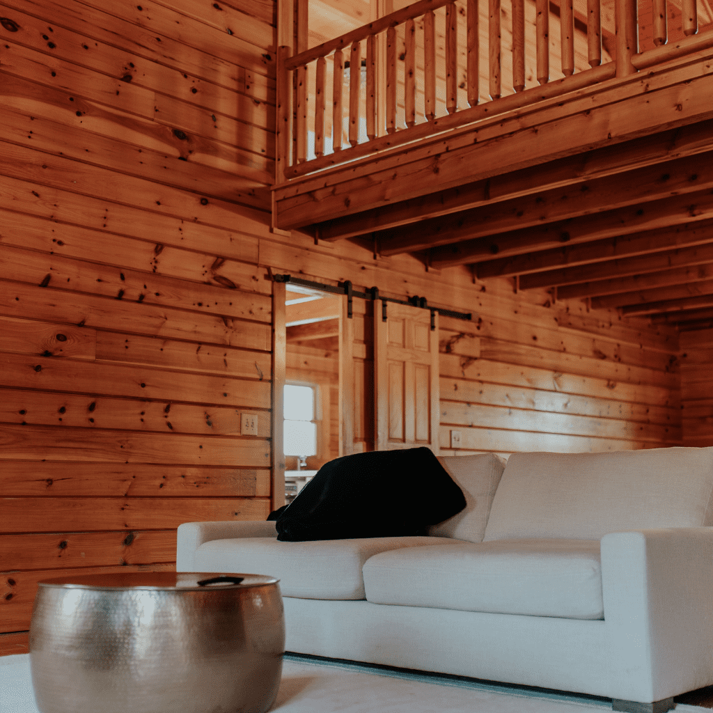 Bride’s suite living room with wood interior and sofa at Grahams Estate Gallatin TN