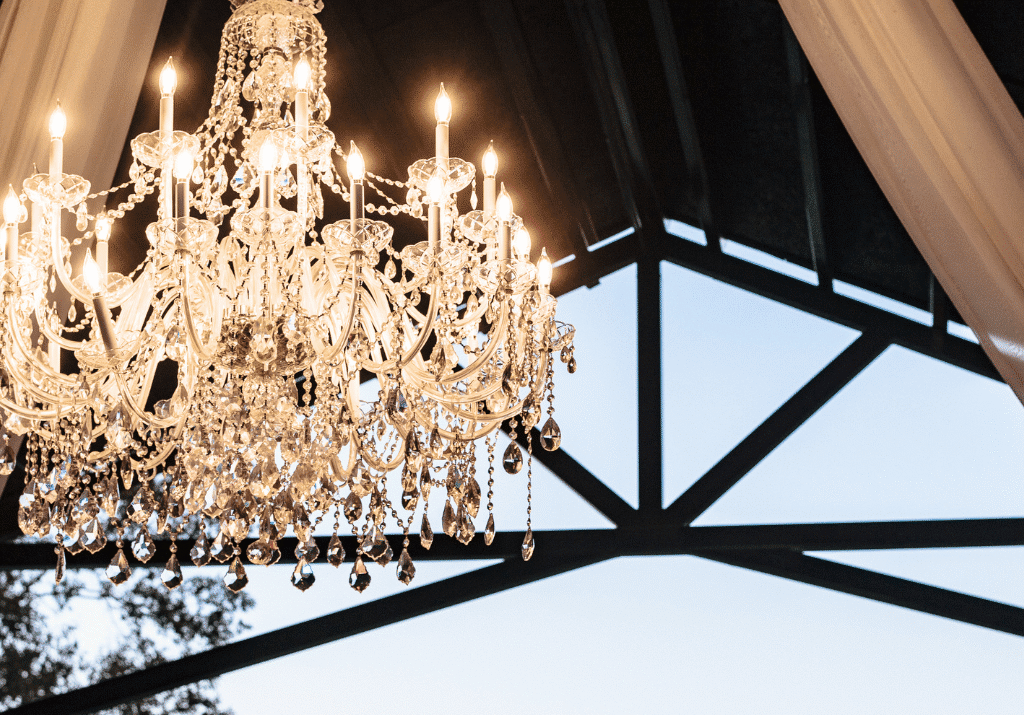 Crystal chandelier hanging under pavilion at Grahams Estate Gallatin TN