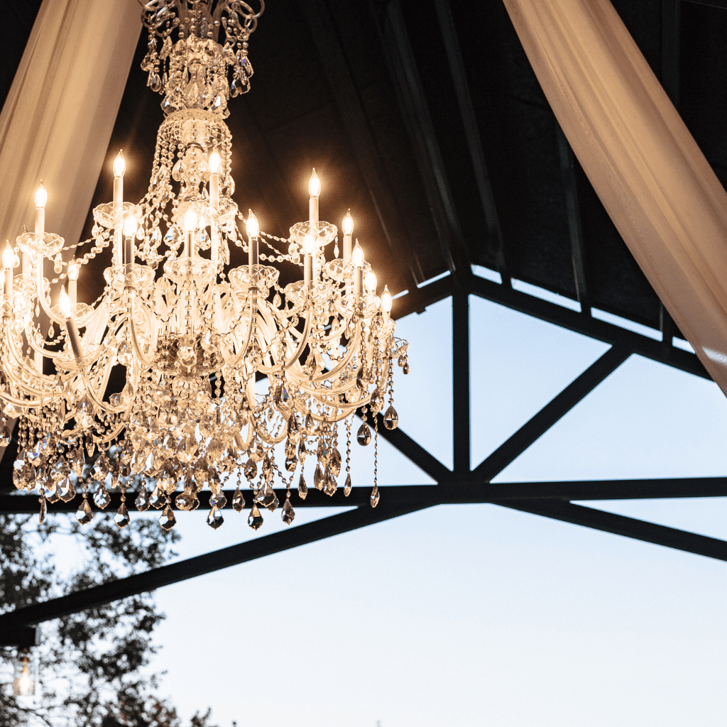 Crystal chandelier hanging under pavilion at Grahams Estate Gallatin TN