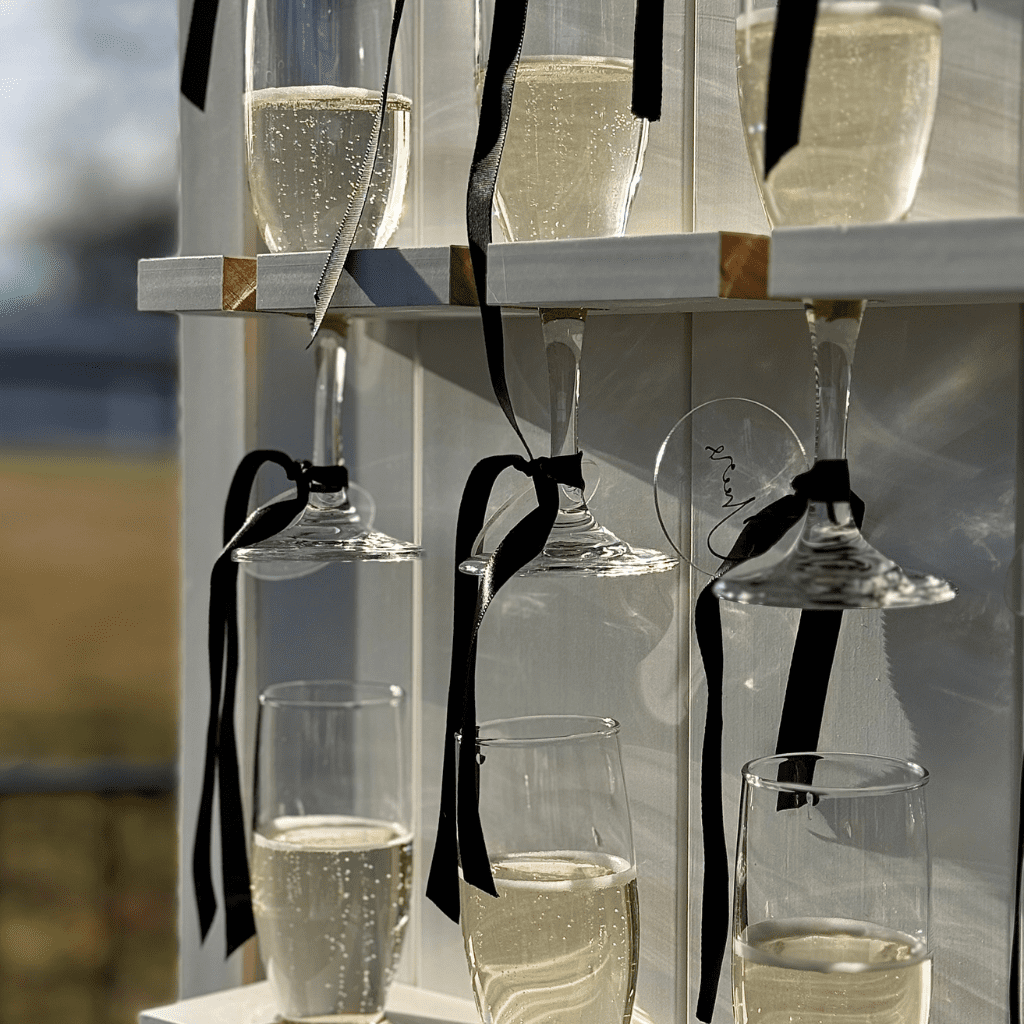 Champagne glasses with black ribbon detail displayed at wedding reception at Grahams Estate Gallatin TN