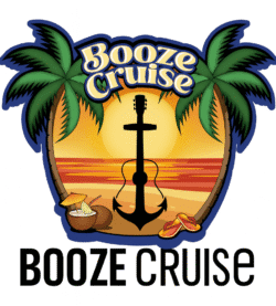 Booze Cruise logo with palm trees, sunset, and guitar-shaped anchor