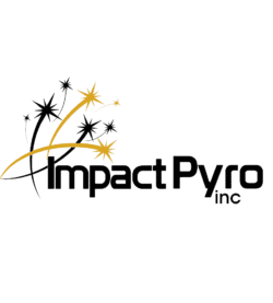 Impact Pyro Inc. logo featuring golden shooting stars and bold black text