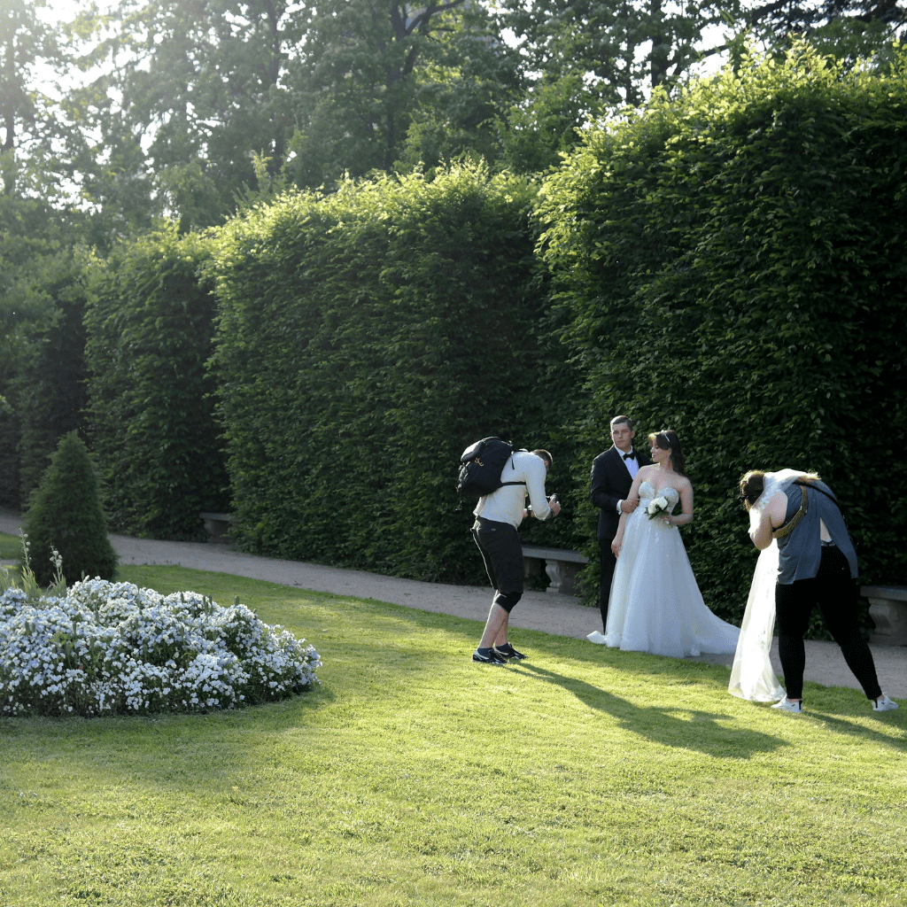 Bride and groom standing in a garden after their wedding in Nashville