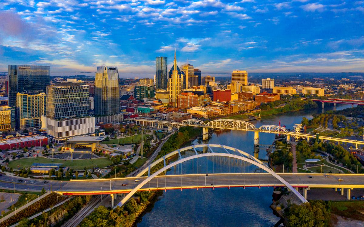 Bachelor party group overlooking the Nashville skyline at sunset