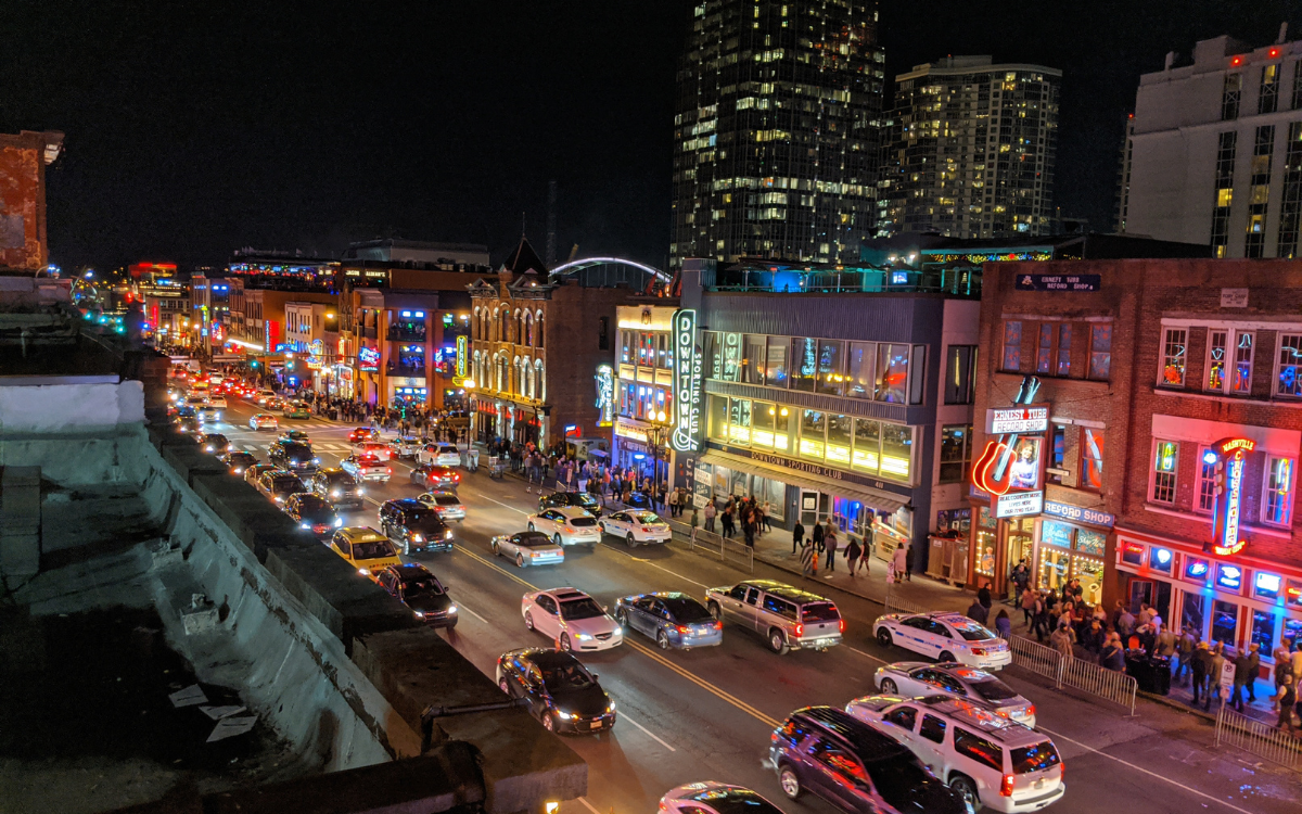 Broadway Nashville lit up with live music and neon lights on a crisp fall night