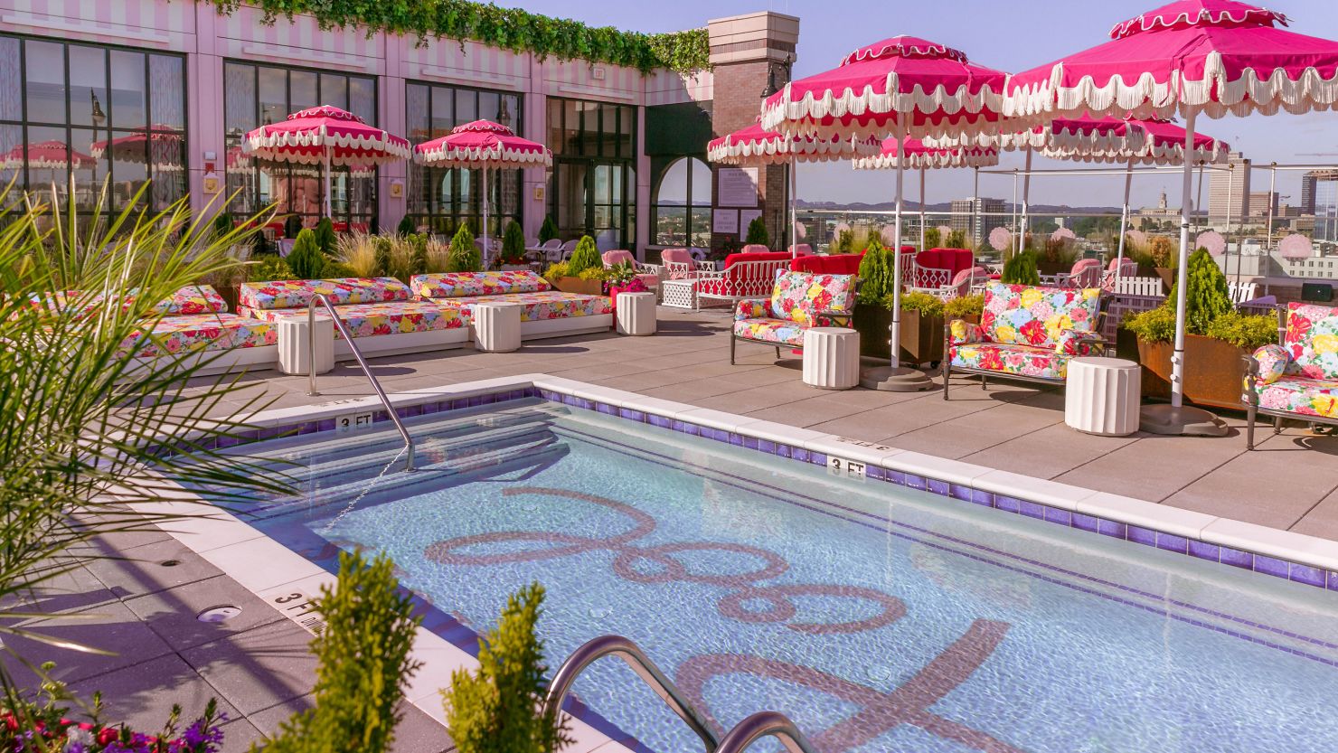 White Limozeen rooftop bar in Nashville with pink decor