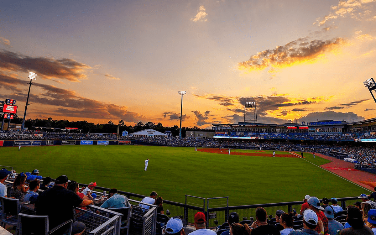 Crowd watching a Nashville Sounds baseball game at First Horizon Park in summer