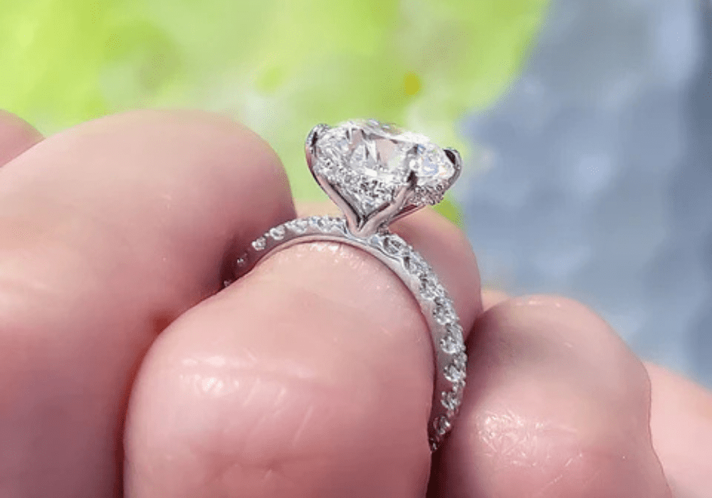 Hidden halo engagement ring setting viewed from the side