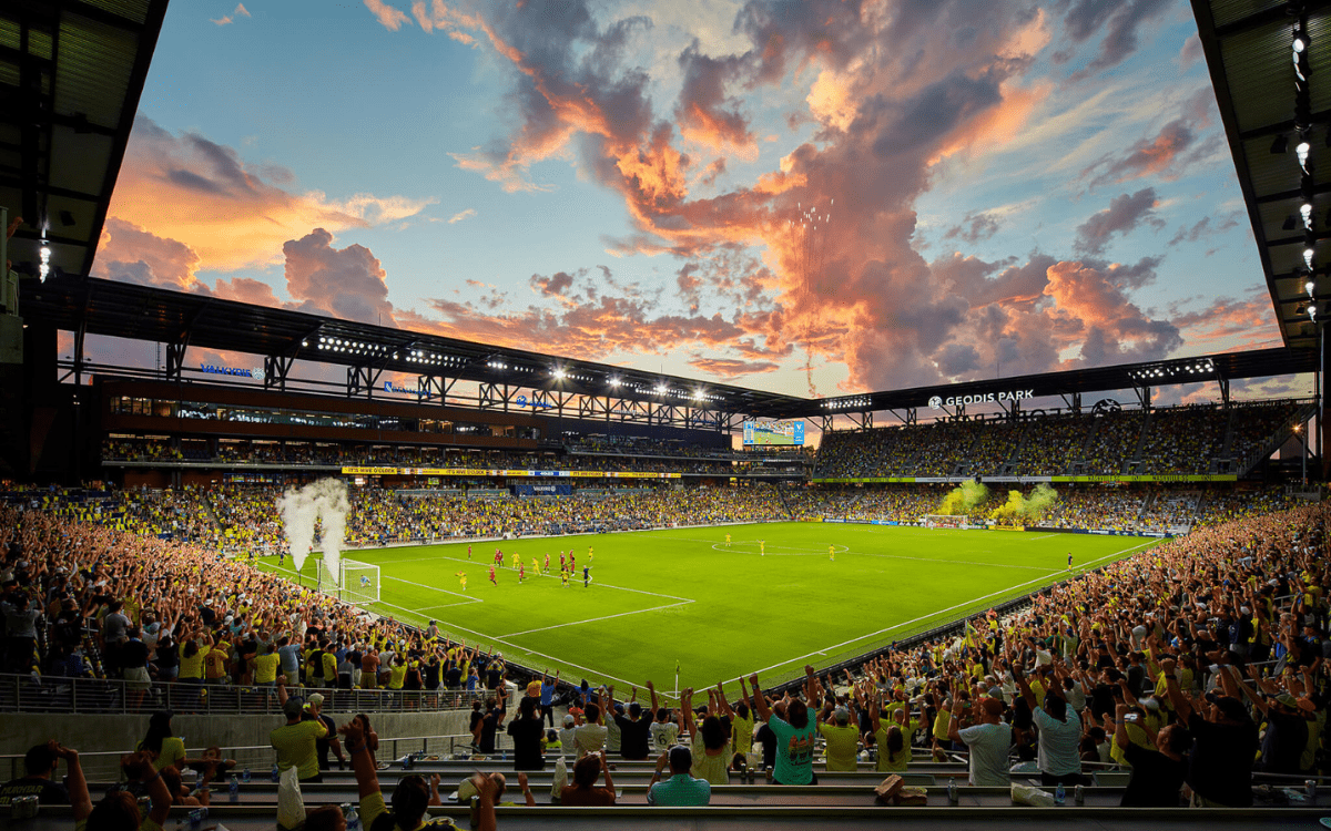 Crowd enjoying a Nashville SC match at GEODIS Park in spring