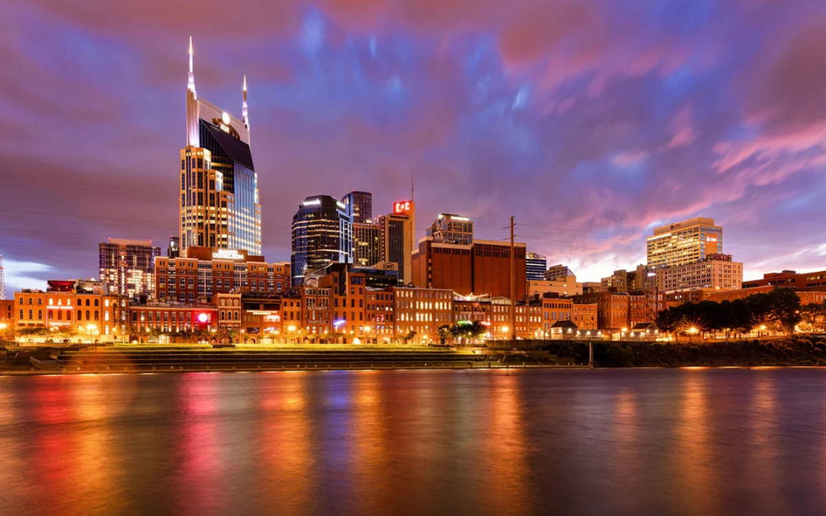 Nashville skyline glowing at sunset on a warm summer evening