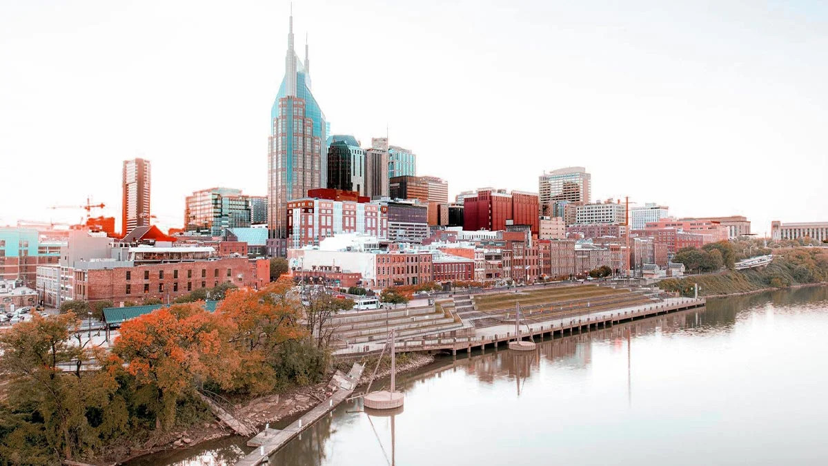 Nashville skyline surrounded by vibrant fall foliage