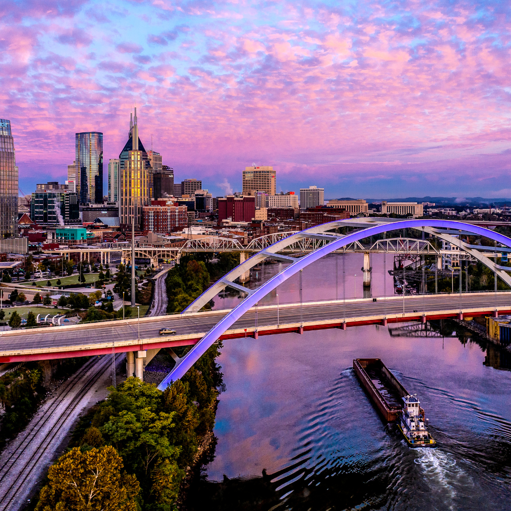 Nashville skyline glowing at sunset on a warm summer evening