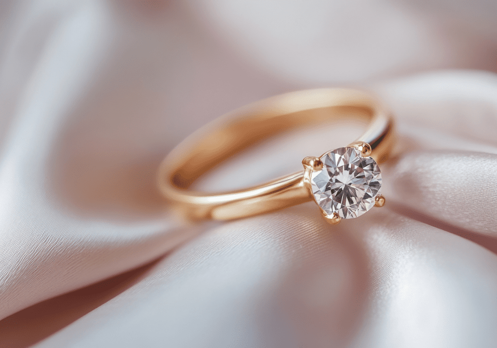 Luxury diamond engagement ring with wedding band styled on soft neutral fabric