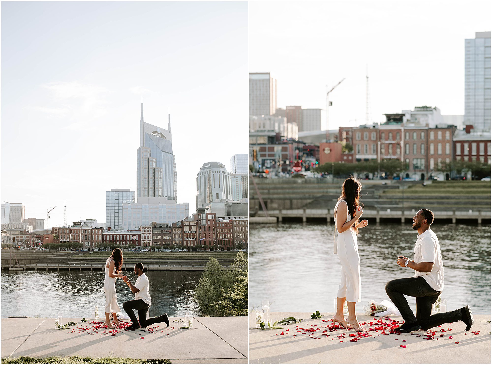 Couple standing by the Cumberland River at Riverfront Park with downtown Nashville behind them