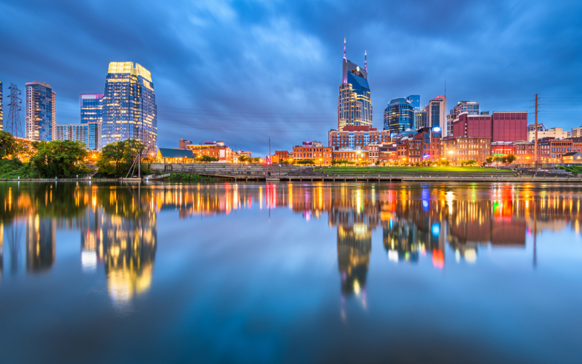 Downtown Nashville skyline view from a hotel rooftop during a wedding weekend