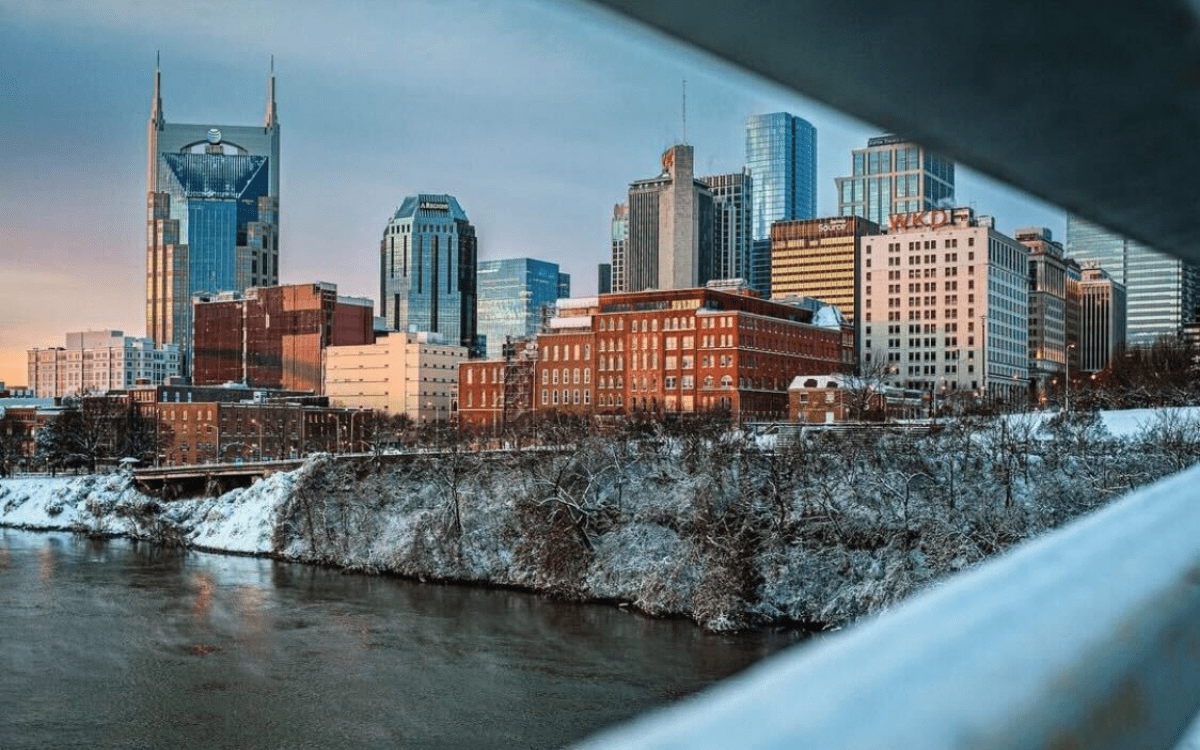 Nashville skyline covered in snow during winter
