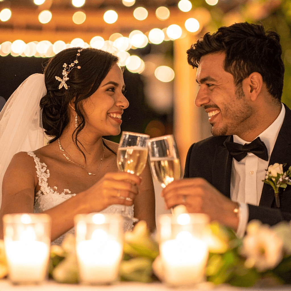 Bride and groom raising a toast during their Nashville rehearsal dinner