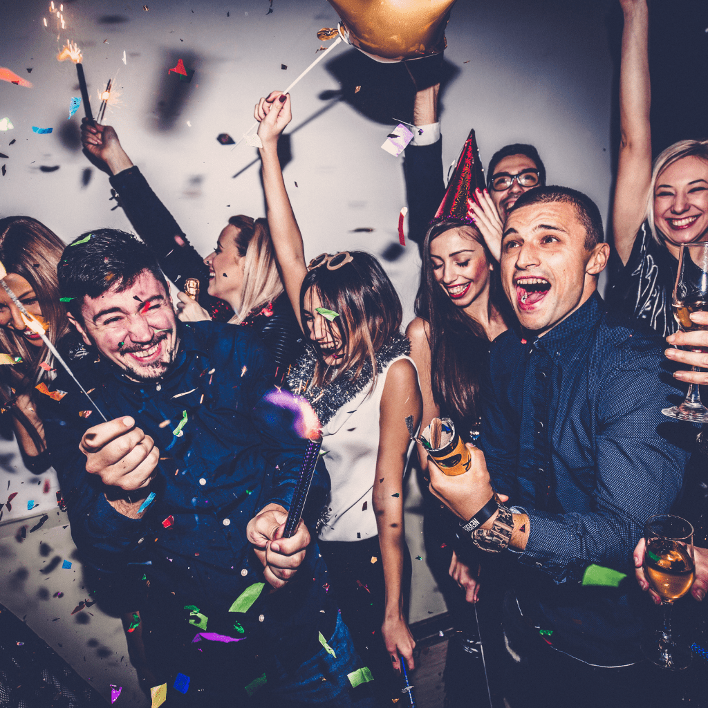 Bachelor party overlooking the Nashville skyline at sunset