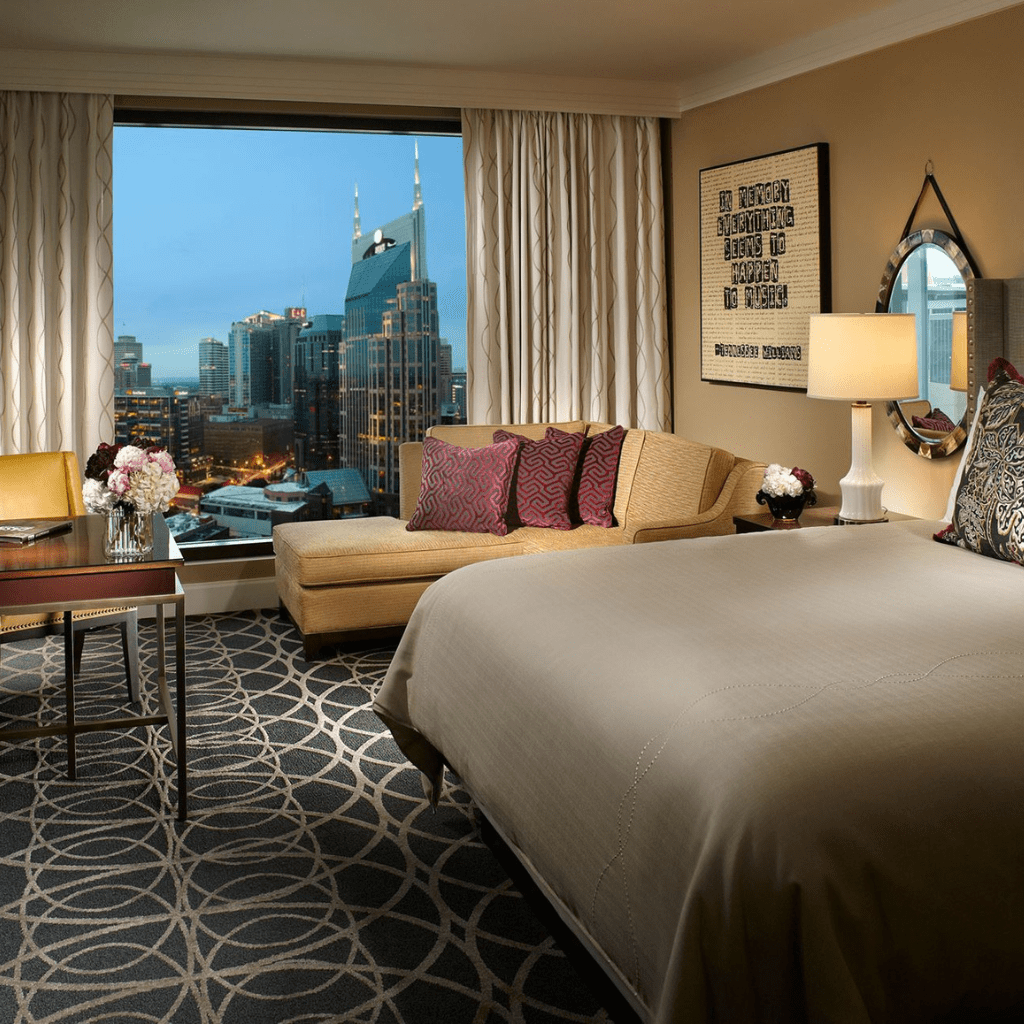 Downtown Nashville skyline view from a hotel rooftop during a wedding weekend