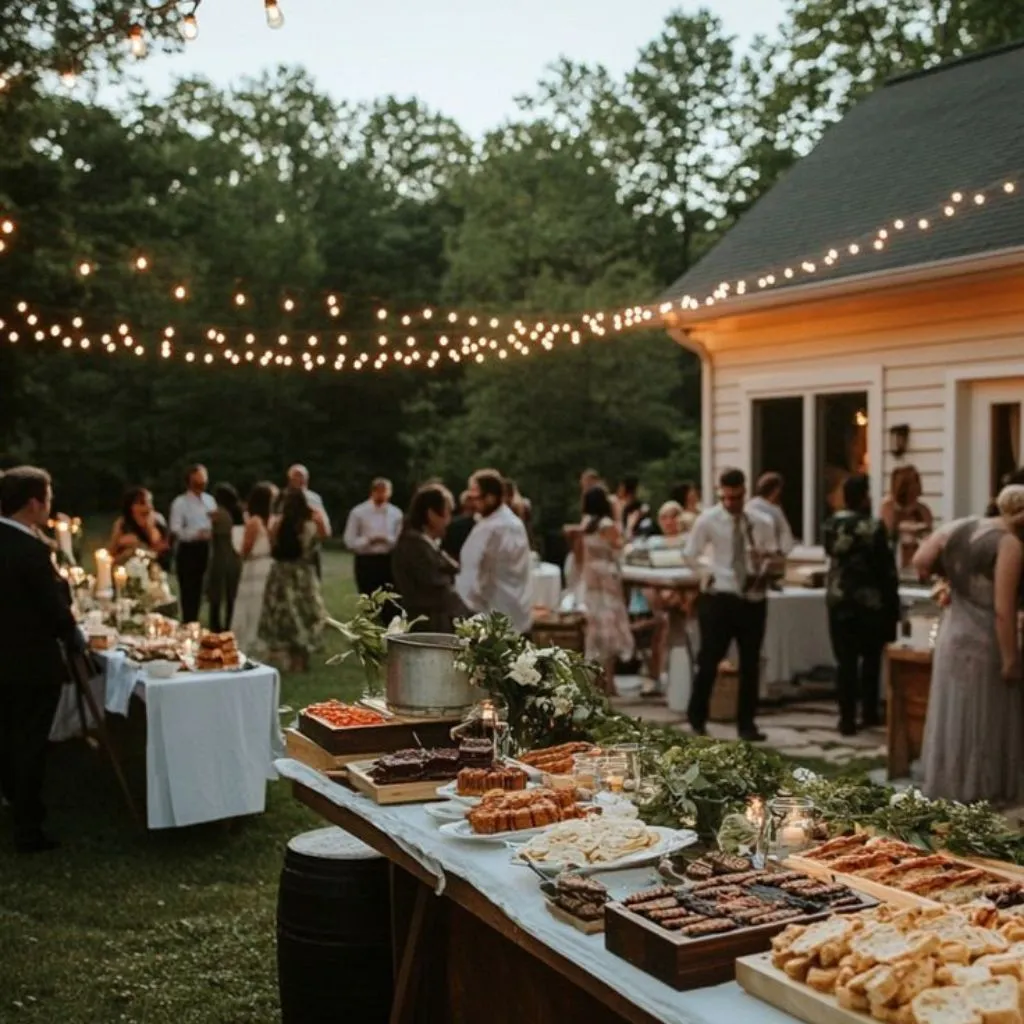 Backyard wedding reception with elegant outdoor tablescape