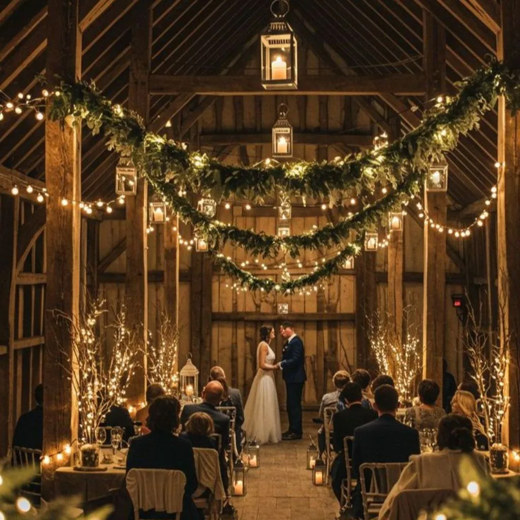 Rustic barn wedding ceremony with warm wood interior