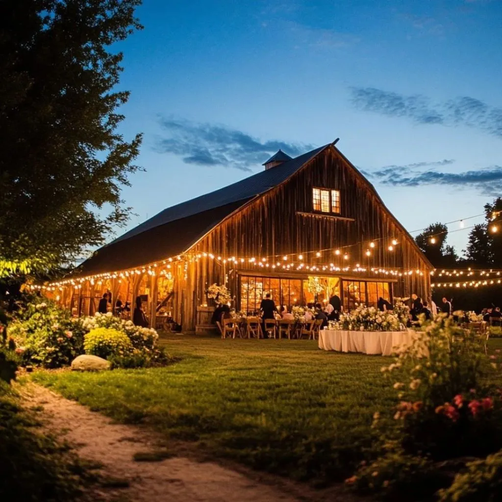 Warm barn wedding celebration with soft lighting and rustic atmosphere