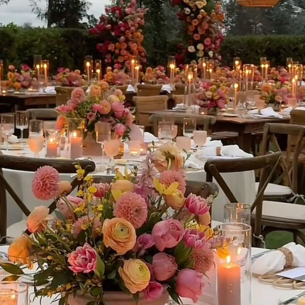 Color-forward wedding tablescape featuring rich tones and layered textures