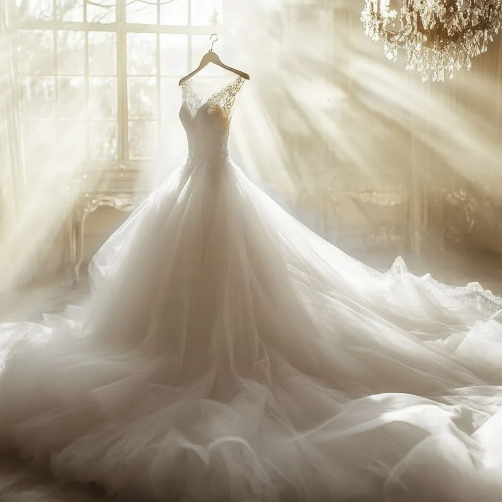Elegant bridal gown glowing in soft window light at a wedding venue in Gallatin TN