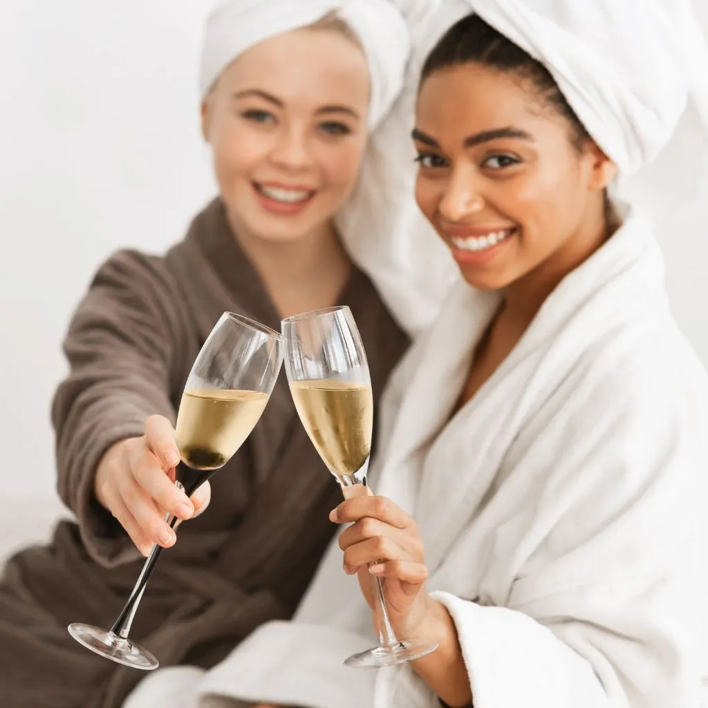Bride and friend in spa robes toasting champagne during wedding beauty prep