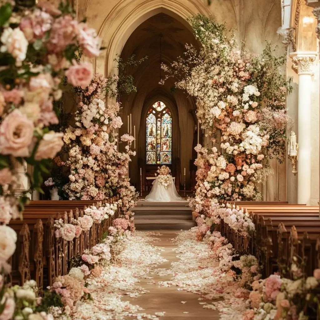 Elegant church interior with floral arrangements and traditional ceremony design
