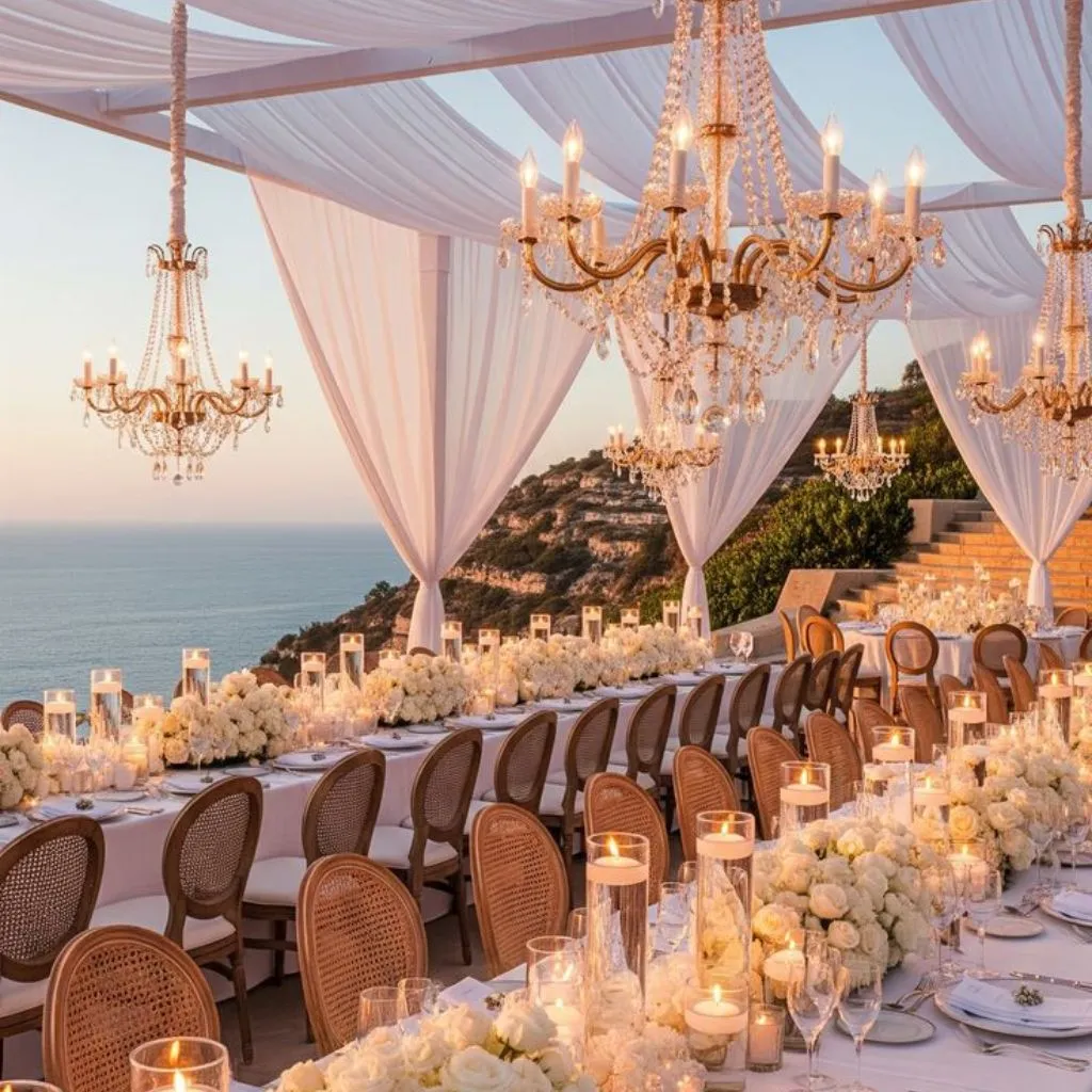 Beach wedding décor with soft linens, tropical florals, and coastal textures