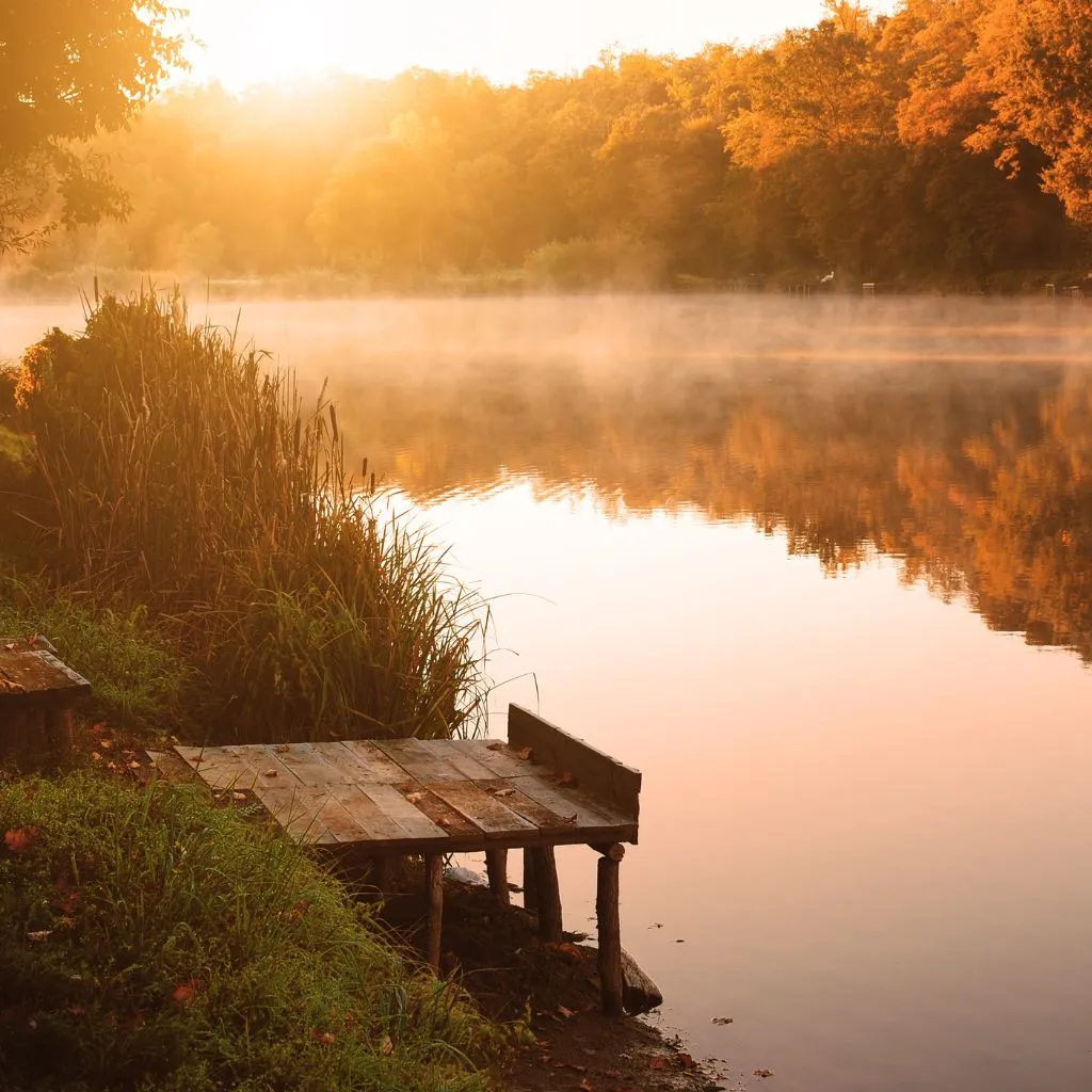 Misty sunrise over a quiet lakeside near Gallatin, TN with soft golden light