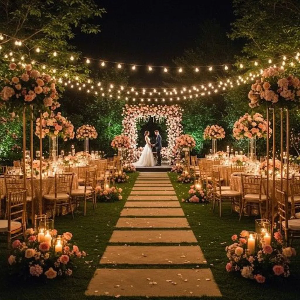 Outdoor garden party wedding dinner at dusk with warm lighting