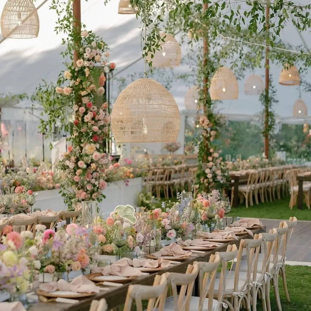 Garden party wedding reception with patterned linens and outdoor tablescapes