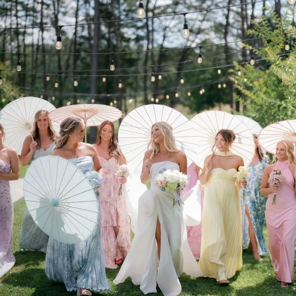 Garden party wedding ceremony with fresh florals and soft spring colors