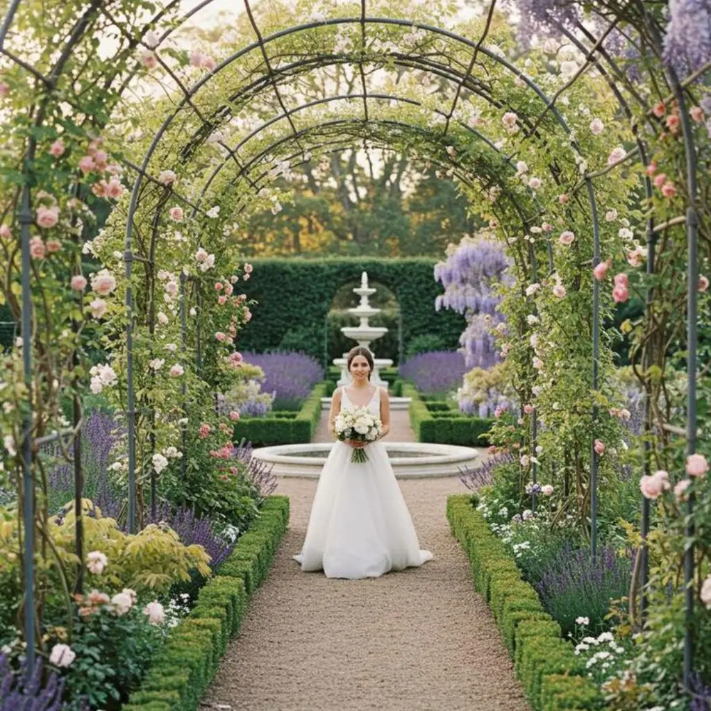 Garden wedding ceremony with blooming floral arch