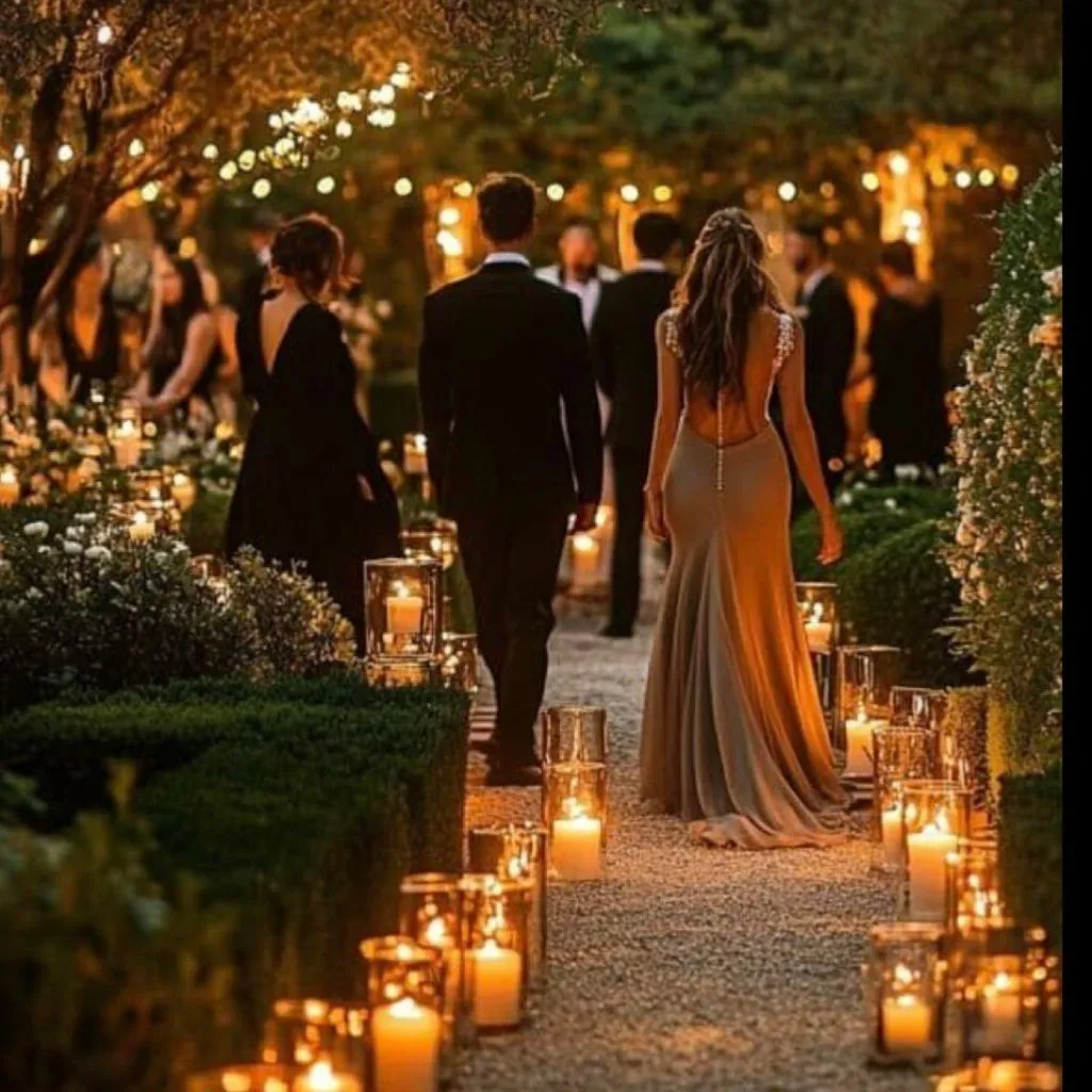 Outdoor garden wedding with romantic lighting and lush evening greenery