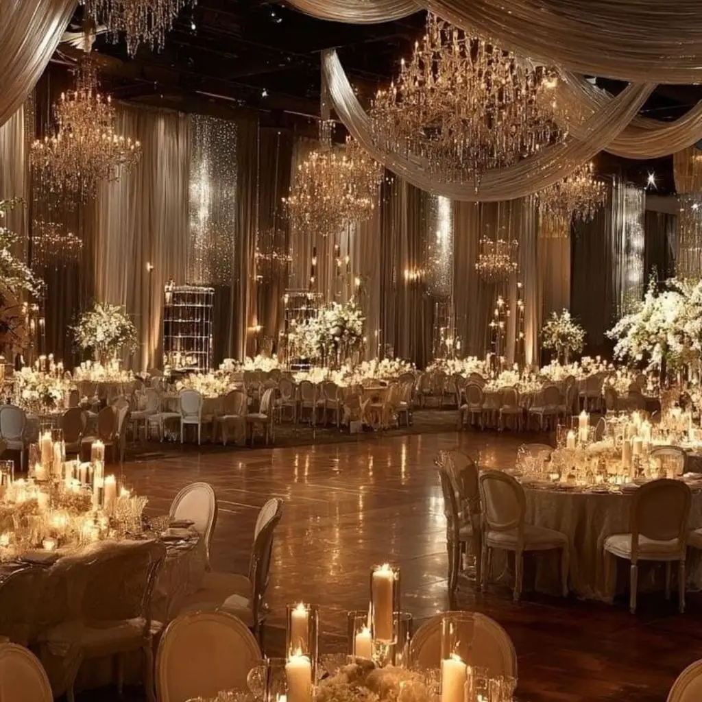 Classic mansion wedding reception setup with elegant tablescape and soft lighting