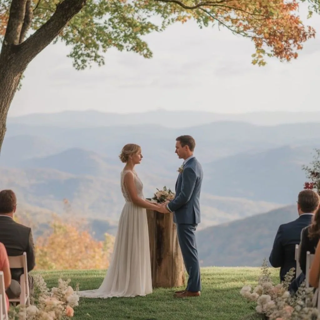 Mountain wedding ceremony overlooking scenic peaks and forests