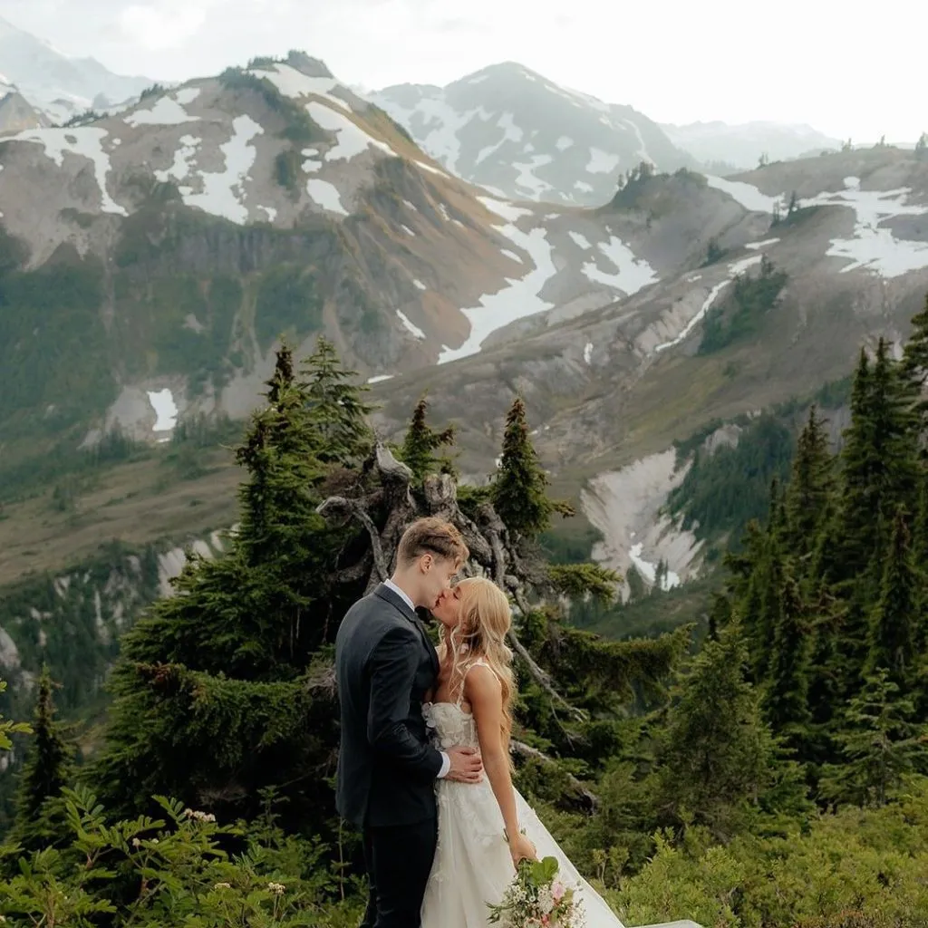 Romantic mountain wedding evening with scenic backdrop