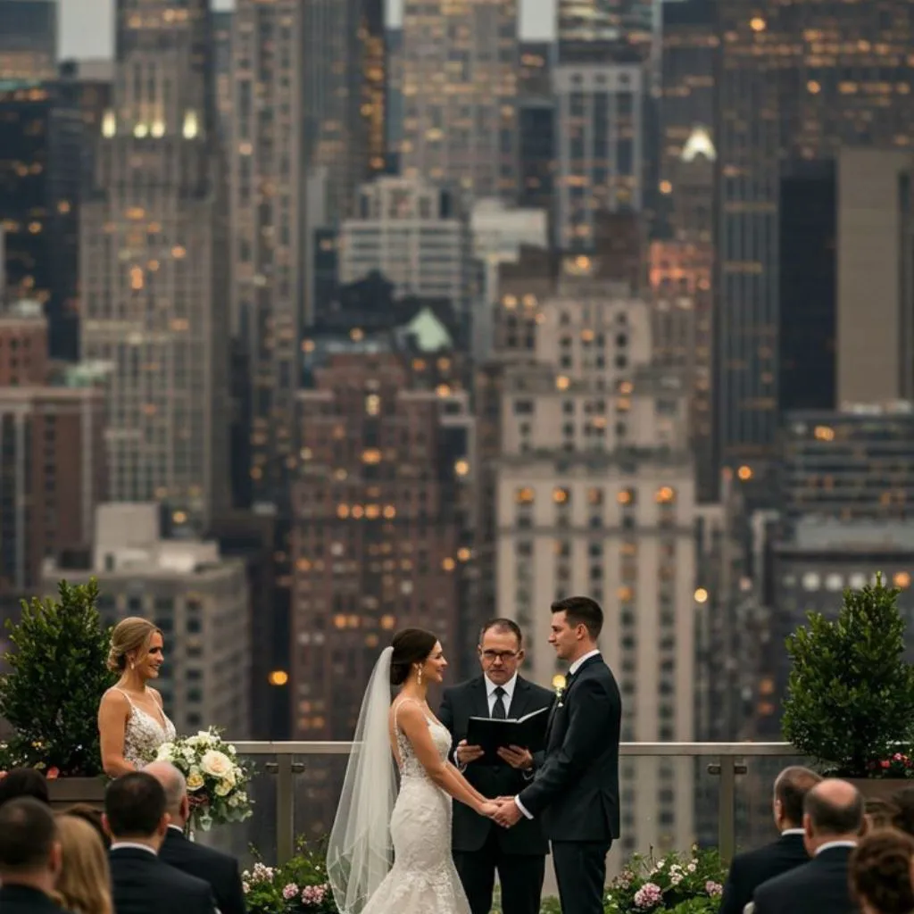 Modern rooftop wedding ceremony with sweeping city skyline views