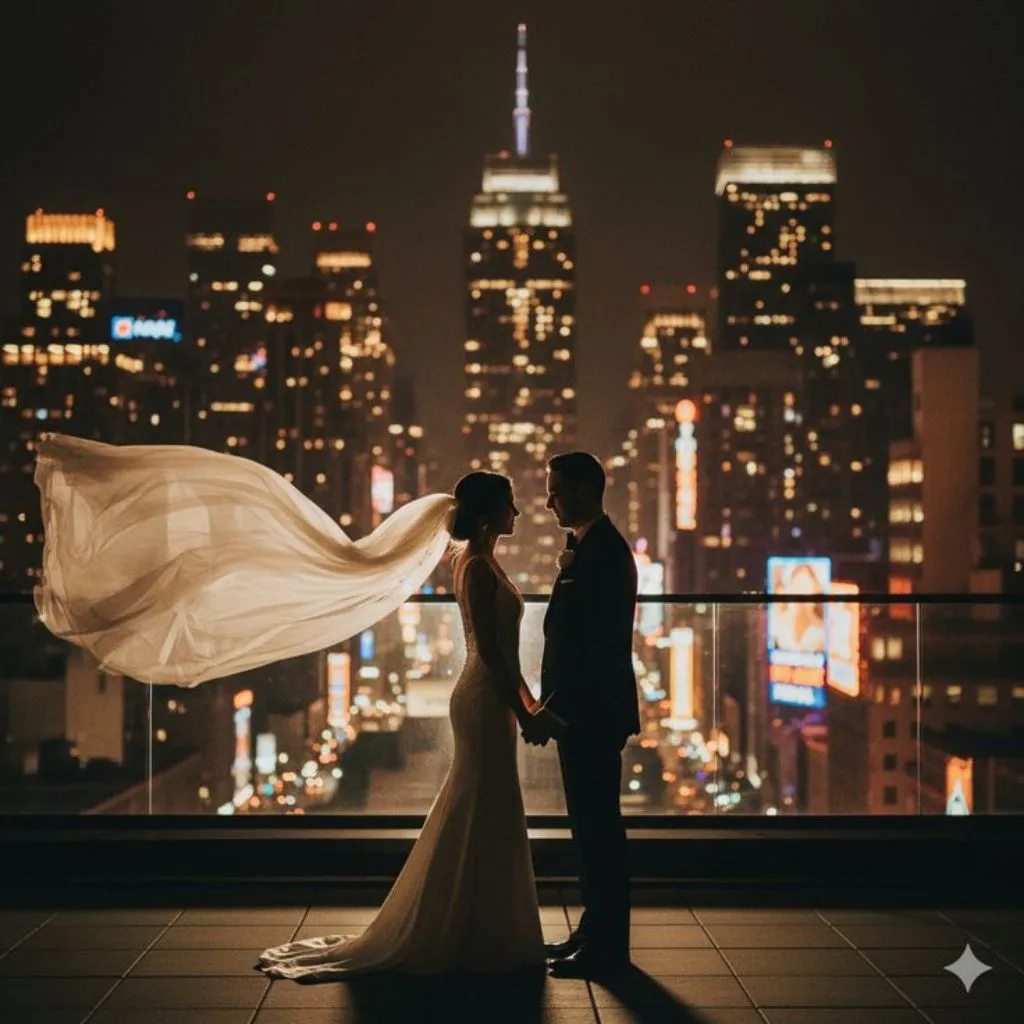 Newlyweds sharing a moment on a rooftop with skyline backdrop