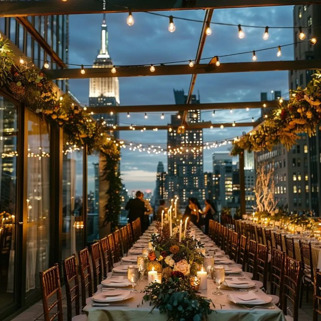Chic rooftop wedding reception setup with modern décor and elegant tablescapes