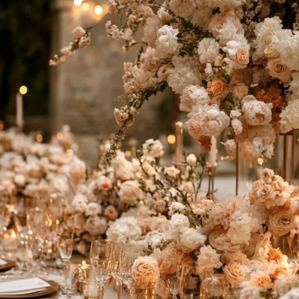 Rustic chic Southern wedding design with warm wood textures and soft neutral florals