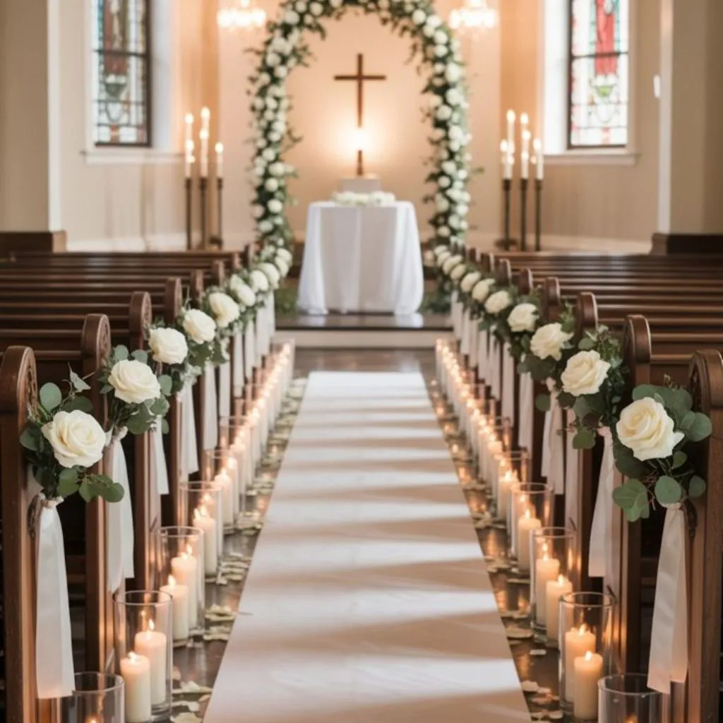 Traditional church wedding ceremony with elegant aisle florals