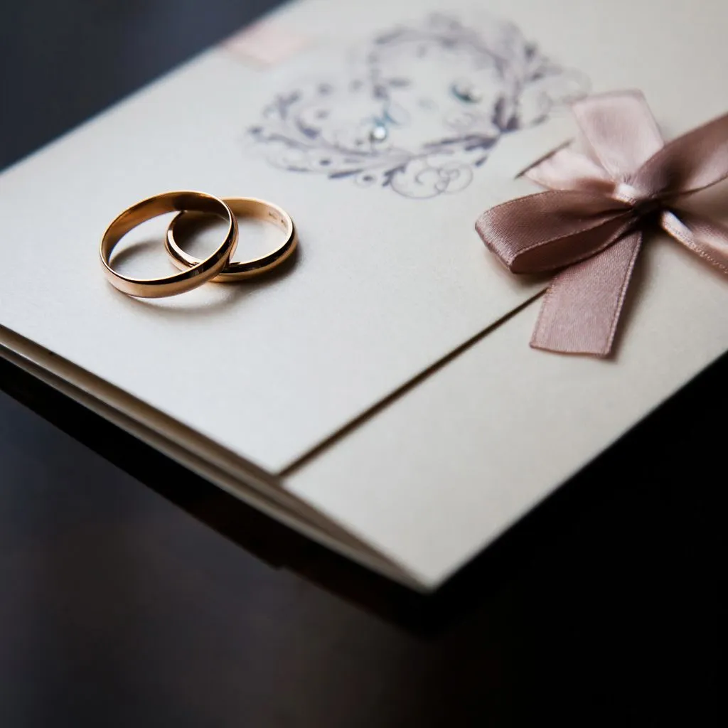 Wedding rings displayed on an elegant invitation with a satin bow at a wedding venue in Gallatin TN